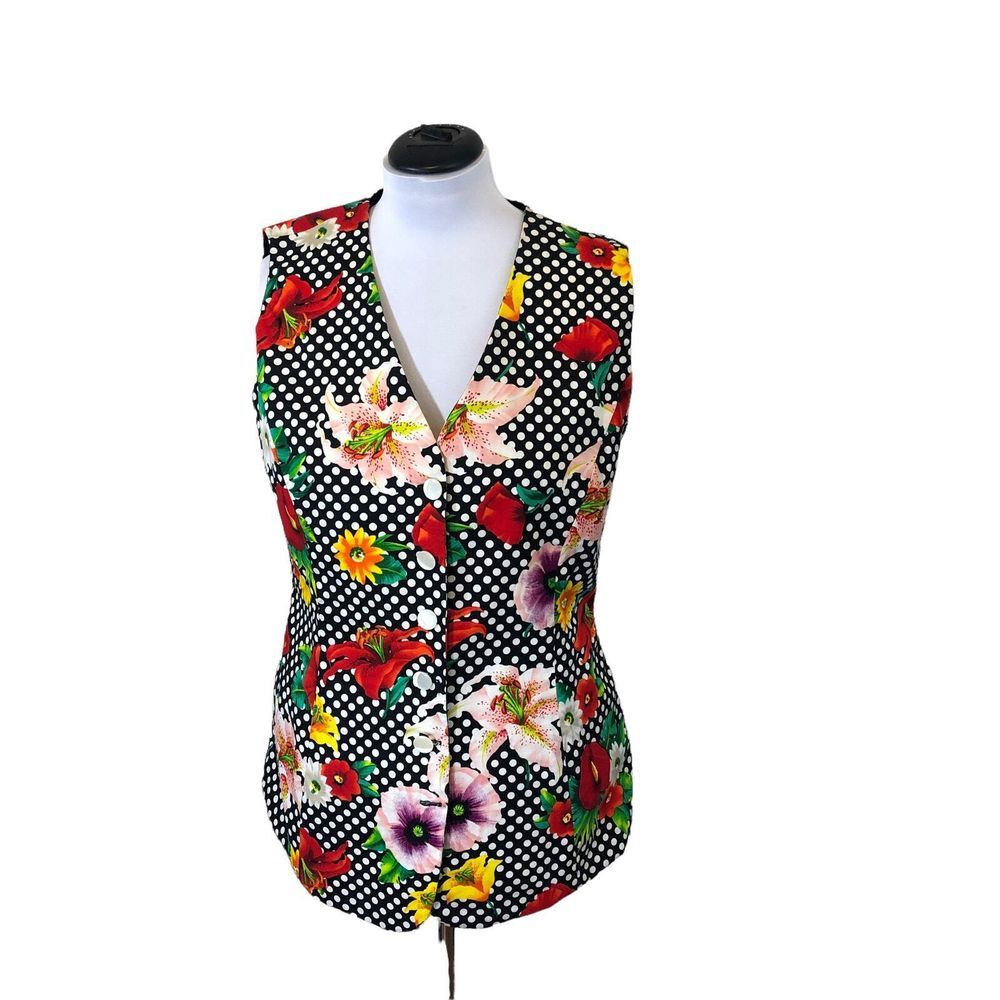 Vintage 1990's Boho Handmade Tropical Flower Print on Black Vest Women's SZ‎ L